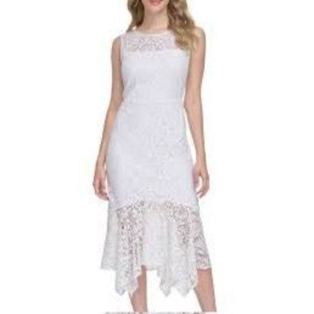 NWT Kenzie white sleeveless asymmetric midi dress, White floral lace Size 6